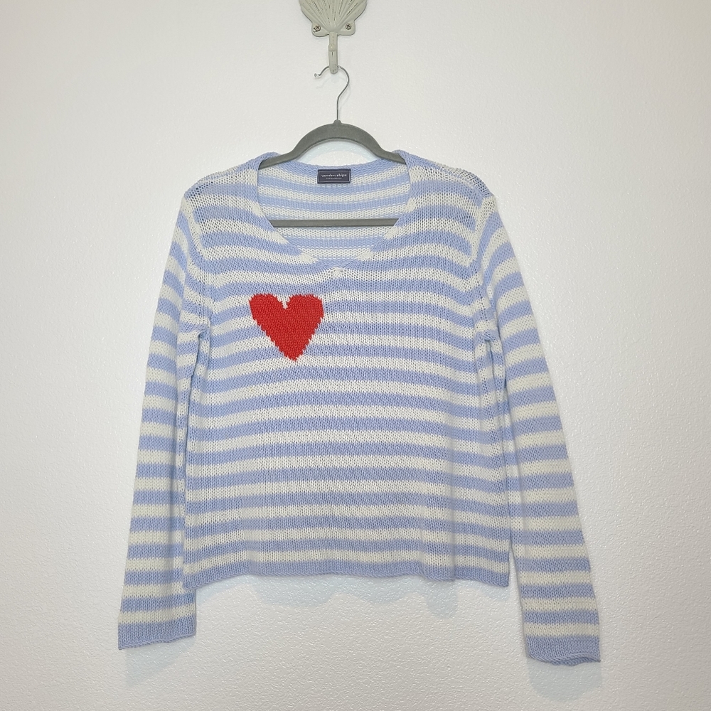 WOODEN SHIPS Eloise Heart V-neck Sweater in Blue Wisp Stripe - Picture 3 of 11
